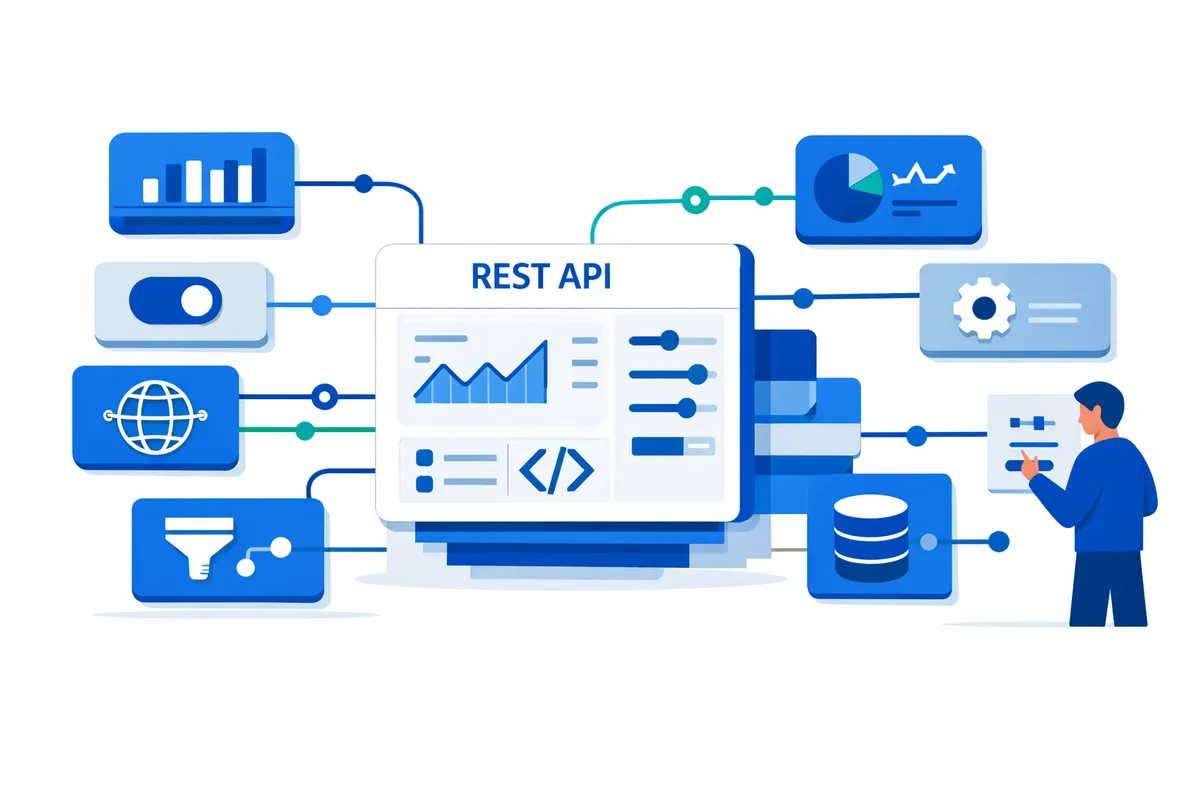 REST API architecture diagram showing connected data sources, analytics, settings, and database components